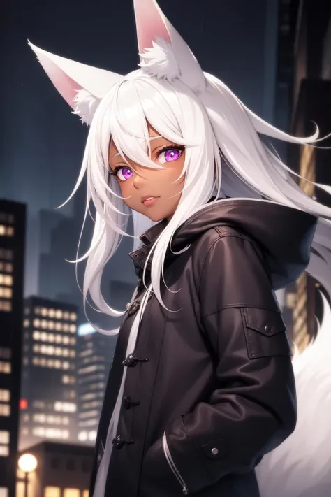 1girl, night city, rain, coat, hands in pockets, white hair, long hair, (fox ears), fluff, (dark skin:1.2), full lips, pretty face, anime illustration, purple eyes