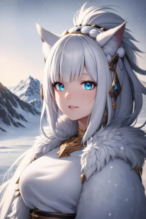 extreme quality, cg, detailed face+eyes, (bright colors), (anime), 1girl, impact, (winter), blizzard, time stop, sci fi, (tribal cat), (eskimo), animal ear fluff, fur trim, clouds, tan skin, (feather headdress:1.2), masterpiece, top tier, extravagant, 8k, unity wallpaper, unreal engine 5, ray tracing, 8k, cinematic, varied depth of field, octane render, elegant, tone mapping, hyper focus, parted lips, (aqua), dappled sunlight, (snowing), nature, winter coat, upper body, (morning glow), lighthouse, gold eyes, horizon, picturesque scenery, mountain, forest, looking at viewer, (tundra)