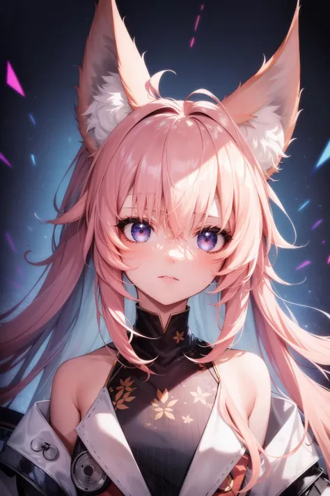 (masterpiece:1.1), (highest quality:1.1), (HDR:1.0), extreme quality, cg, (negative space), detailed face+eyes, 1girl, fox ears, animal ear fluff, (plants:1.18), (fractal art), (bright colors), splashes of color background, colors mashing, paint splatter, complimentary colors, neon, (thunder tiger), compassionate, electric, limited palette, synthwave, fine art, tan skin, upper body, (pink and violet:1.2), time stop, sy3, SMM