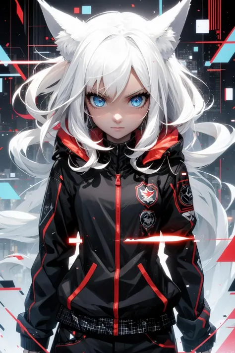 extreme quality, cg, detailed face+eyes, (bright colors:0.8), (anime), 1girl, fox ears, solo, aqua eyes, white hair, long hair, looking at viewer, cute serious, glowing, animated, jacket, glitch, cinematic lighting, strong contrast, high level of detail, (flat color:0.6), masterpiece, best quality, 8k, white background, broken glass, explosion, SMM