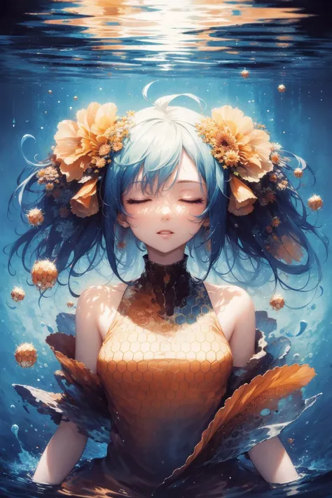 masterpiece, best quality, 1girl, closed eyes, upper body, splashing, abstract, psychedelic, neon, (honeycomb pattern), (creative:1.3), sy3, SMM, fantasy00d