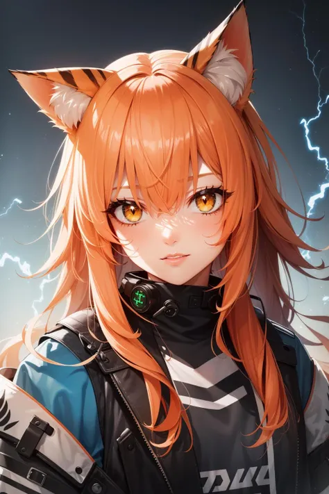 (masterpiece:1.1), (highest quality:1.1), (HDR:1.0), extreme quality, cg, (negative space), detailed face+eyes, 1girl, fox ears, animal ear fluff, (plants:1.18), (fractal art), (bright colors), splashes of color background, colors mashing, paint splatter, complimentary colors, neon, (thunder tiger), compassionate, electric, limited palette, synthwave, fine art, tan skin, upper body, (green and orange:1.2), time stop, sy3, SMM