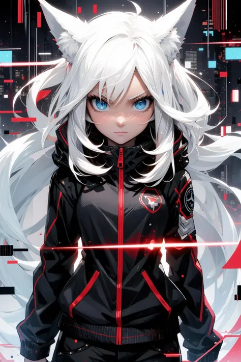 extreme quality, cg, detailed face+eyes, (bright colors:0.8), (anime), 1girl, fox ears, solo, aqua eyes, white hair, long hair, looking at viewer, cute serious, glowing, animated, jacket, glitch, cinematic lighting, strong contrast, high level of detail, (flat color:0.6), masterpiece, best quality, 8k, white background, broken glass, explosion, SMM