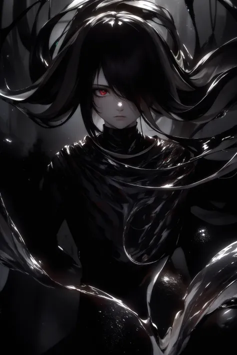 (masterpiece:1.1), (highest quality:1.1), (HDR:1.0), wallpaper, (highly detailed), [street, wall:(1girl), (solo), pale skin, [black eyes|red eyes], (hollow eyes), black hair, long hair, (liquid hair:1.2), floating hair, bangs, expressionless, (black goo:1.4), (white dress:1.2), (white skirt), white, intricated filigree, (stained clothes:1.2):0.25], (black goo:1.4), (black dripping), (black splashing:0.85), (tentacles:0.85), shiny, [:face focus, upper body, (cowboy shot), lateral view, dutch angle, dynamic:0.25], [white background|black goo], volumetric lighting, (high contrast:0.85), (limited palette:0.65), colorfantasystyle, SMM