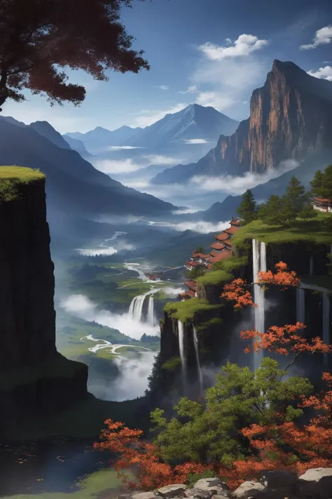 (masterpiece:1.1), (highest quality:1.1), (HDR:1.0), highly detailed, chinese ink painting, colorful ink painting, mountain, waterfall, lake, tree