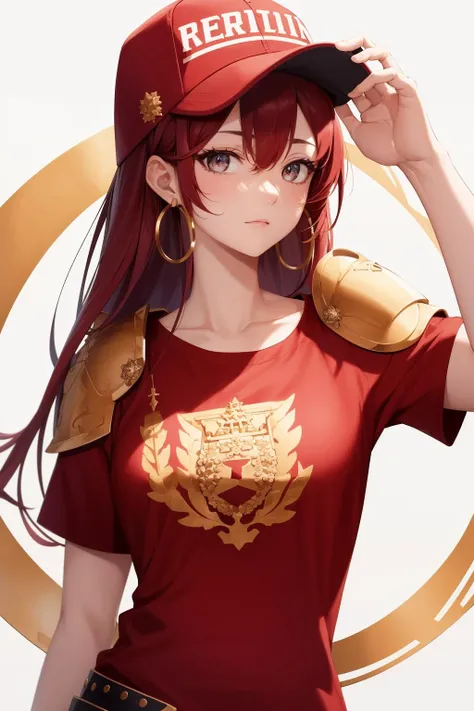 (masterpiece:1.1), (highest quality:1.1), (HDR:1.0), 1girl, red eyes, baseball hat, red hair, closed mouth, (shoulder armor:1.2), red background, hat, hoop earrings, jewelry, looking at viewer, shirt, long hair, (simple background:0.8), (abstract background:1.2), solo, upper body, red shirt, gold trim, (luxury:0.8)