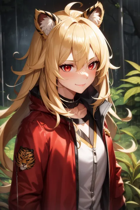girl in jungle, epic, intricate, smirk, from above, muscular, standing, (thunder rain storm, aura:1.1), blonde hair, tiger ears, messy hair, slit pupils, red eyes, black jacket, high collar