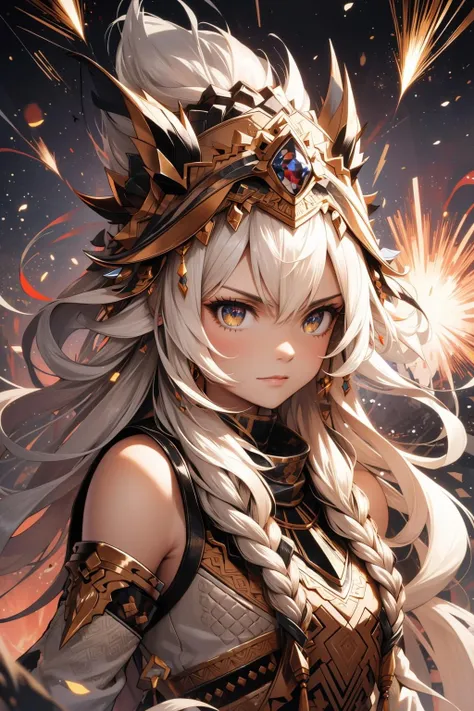 (masterpiece:1.1), (highest quality:1.1), (HDR:1.0), detailed face+eyes, (1girl), solo, wearing tribal headdress, tribal aesthetic, ultra-detailed, highres, absurdres, (hair flaps), (gamma:1.3), (creative:1.3), negative space, starlit path, long hair, (explosion wave:1.2), sound barrier, time stop, extreme quality, cg unity wallpaper, anime, (marroon palette), SMM, bj_fault art