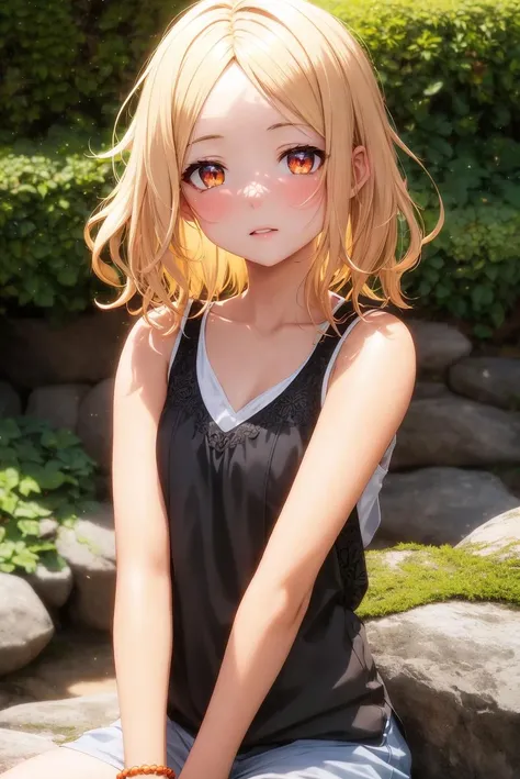realistic photo of an anime girl, (outdoors), detailed face+eyes, (detailed texture), picturesque, day, dappled sunlight, attractive, full lips, short hair, wavy hair, parted hair, parted bangs, forehead, hair intakes, blonde hair, hawk eyes, white eyes, masterpiece, varied depth of field, limited palette, (cute), bandana, landscape, (tan skin), bracelet, orange shirt, sleeveless, whisker markings, (varied depth of field:0.8), looking, orange, ambient lighting