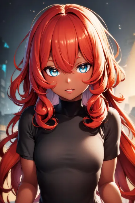 extreme quality, cg, detailed face+eyes, (bright colors:0.9), a cute girl, (dark skin), colored outlines, curly hair, red hair, orange, masterpiece, 8k, (tone mapping, hyper focus:0.7), aqua, (random:1.4)