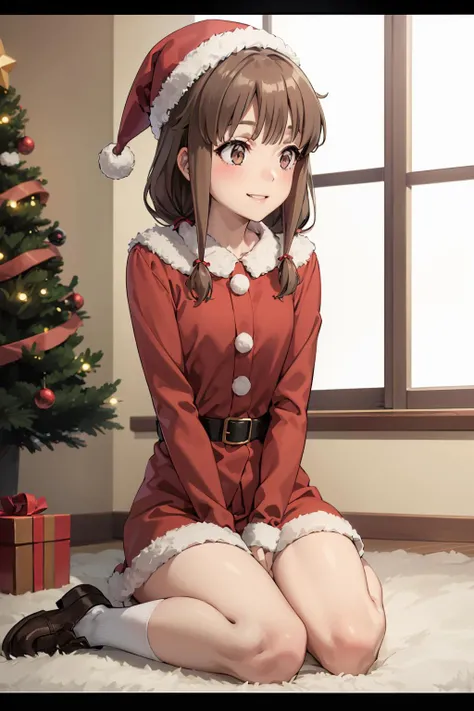 (masterpiece, 4k, best quality, highly detailed, 1girl, solo, indoors, thighs, looking away, happy, christmas tree, arms between legs), small breasts, <lora:Azusagawa Kaede(sby):0.9>, sitting on floor, (anime screencap:1.0), brown_hair, sidelocks, low_twintails, brown_eyes, long_sleeves, long_hair, christmas, santa hat, santa costume, parted lips, blush, smile, white socks
