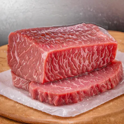 a photo of  <lora:Shrink_Wrap_SDXL_V1:1> shrink wrap meat, beef, steak