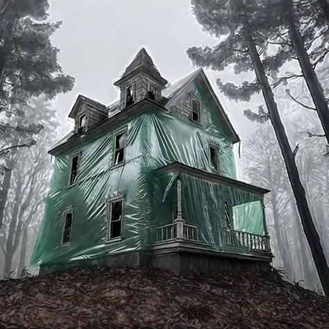 shrink wrap a horror house on a lonely hill in a dank forest