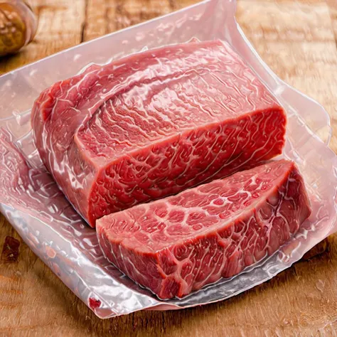 a photo of  <lora:Shrink_Wrap_SDXL_V1:1> shrink wrap meat, beef, steak