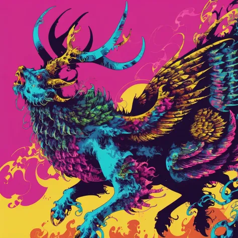 <lora:1v4n:1>1v4n mmxxi fierce horned creature with big wings close up of head vibrant pop art colors