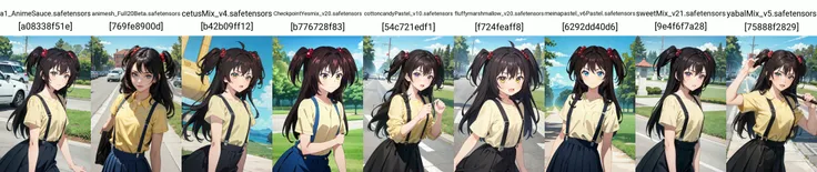 (Masterpiece:1.4), (best quality:1.2), <lora:lamdimia_do_aximemorV2-000020:0.8>, lamdimia do aximemor, 1girl, suspenders, yellow shirt, skirt, hair bobbles, two side up, long hair, upper body