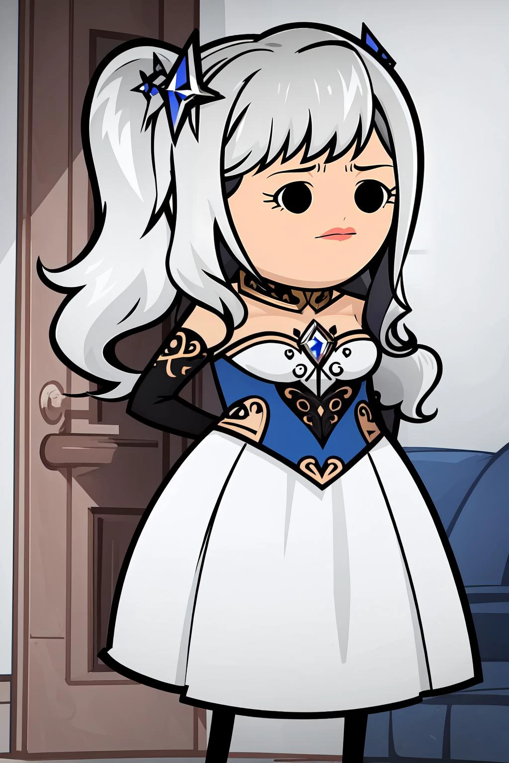 (masterpiece, best quality), intricate details,
1girl, <lora:CHAR-KosekiBijou:0.6> KosekiBijou, KosekiBijou, hair ornament, white dress, strapless dress, crystal, detached sleeves, asymmetrical sleeves, silver hair,
<lora:cah-10:1> cah,