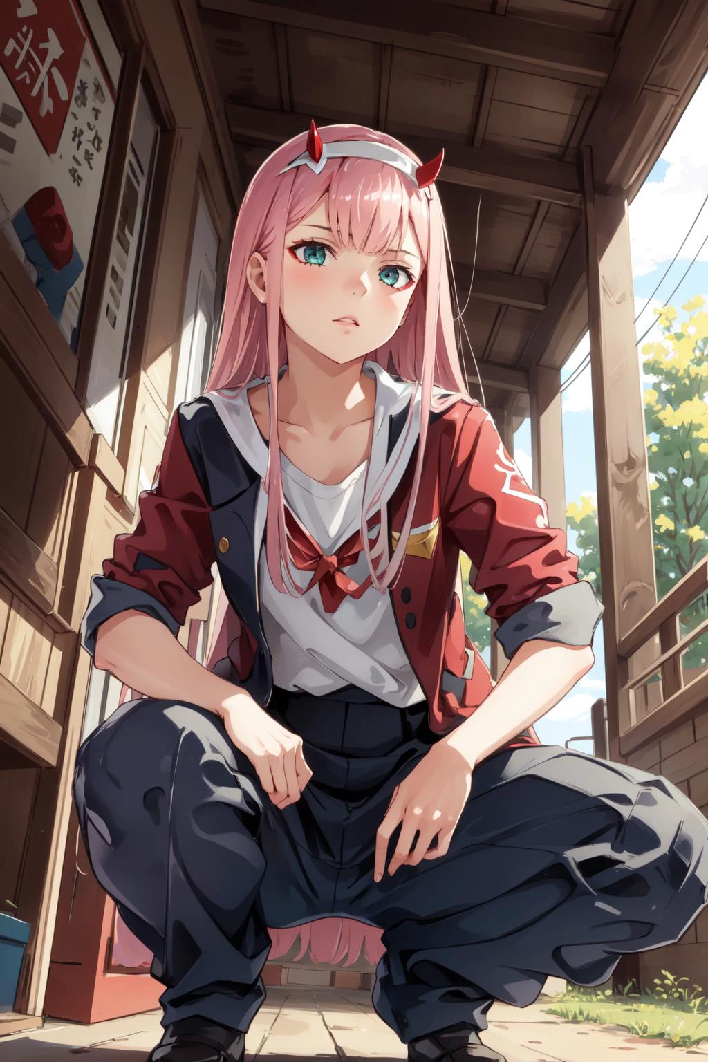 (masterpiece, best quality), intricate details,
1girl, <lora:zerotwo:0.8> zerotwo, hairband, horns,red horns,
<lora:DelinquentT:0.6> DelinquentT, squatting, standing, hand on hip,
