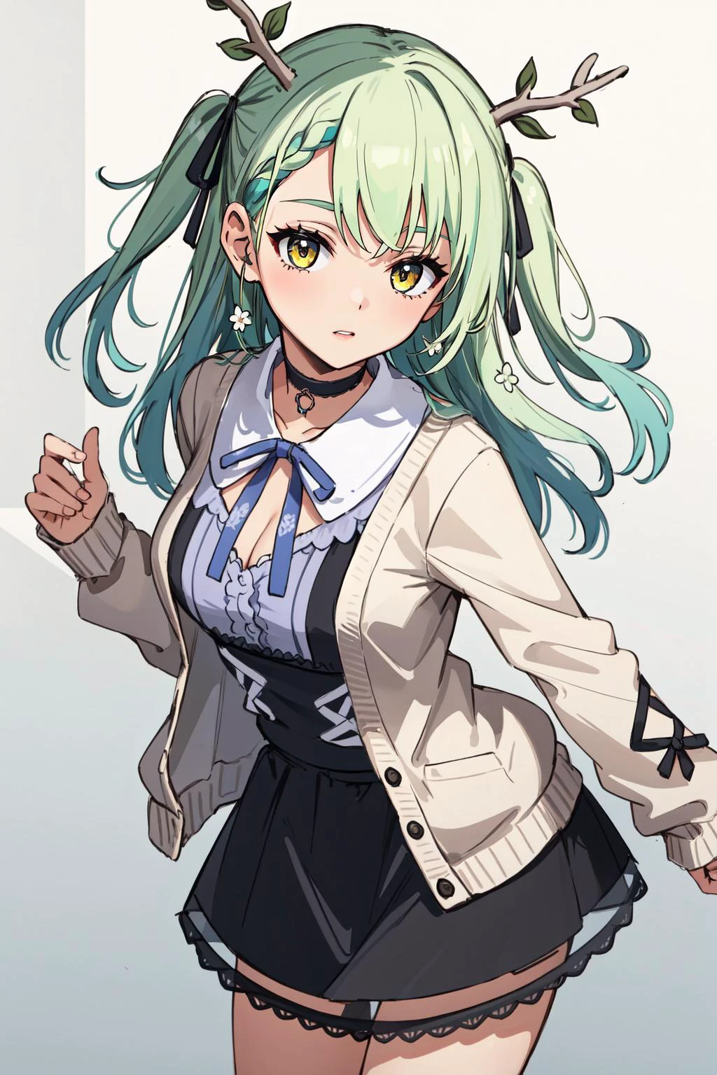 (masterpiece, best quality), intricate details,
(1girl), <lora:CeresFauna:0.8> Ceres Fauna, antlers, long hair, braided bangs, hair flower, FaunaCasual, long hair, two side up, white shirt, black skirt, cardigan, open cardigan, cleavage cutout, black choker, ribbon, jirai kei
