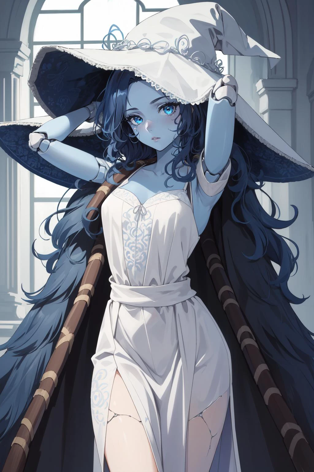 (masterpiece, best quality), intricate details,
1girl, <lora:Ranni:0.8> Ranni, wavy hair, blue skin, cracked skin, extra arms, joints, doll joints, dress,