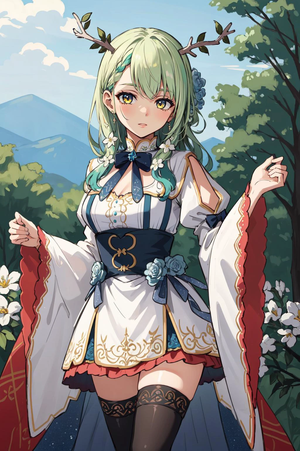 (masterpiece, best quality), intricate details,
(1girl), <lora:CeresFauna:0.8> Ceres Fauna, antlers, long hair, braided bangs, hair flower, FaunaBase, long hair, braided bangs, hair flower, blue dress, wide sleeves, single thighhigh, bridal gauntlets,