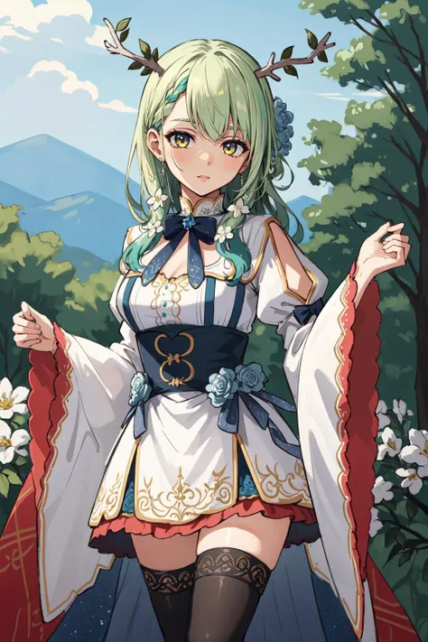 (masterpiece, best quality), intricate details,
(1girl),     <lora:CeresFauna:0.8> Ceres Fauna, antlers, long hair, braided bangs, hair flower,  FaunaBase, long hair, braided bangs, hair flower, blue dress, wide sleeves, single thighhigh, bridal gauntlets,