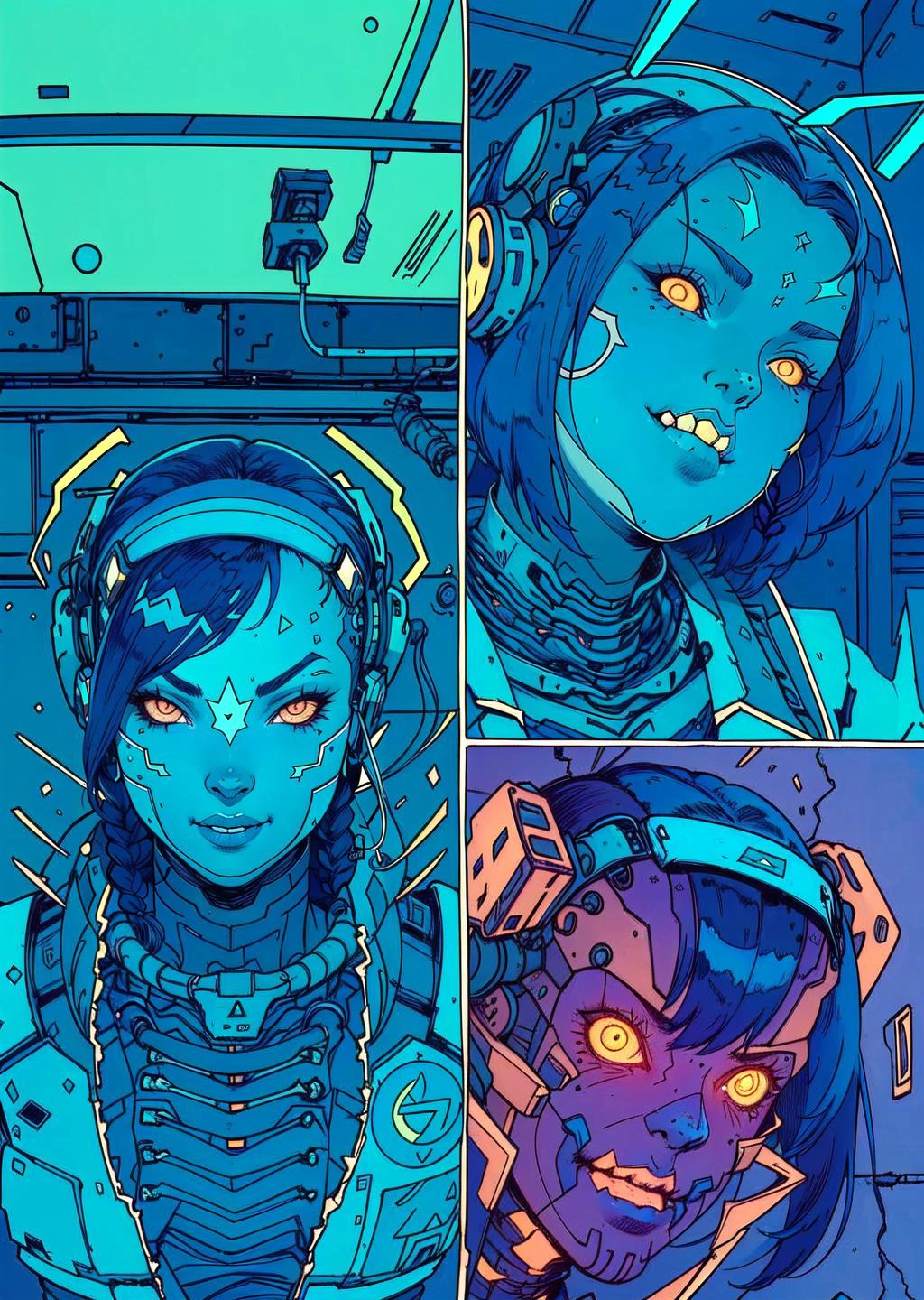 (1girl, two-tone hair medium hair quad braids, glowing eyes, evil determined crazy smile) (digital) (in detailed oasis, Undone sarashi, glowing neon green bionic spine vertebrae ribs) , best quality, by josan gonzalez, <lora:deathburger josan gonzalez:0.9>