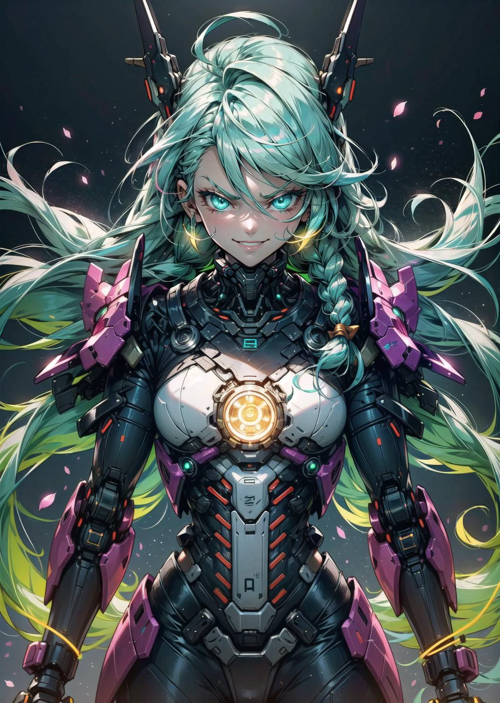 (1girl, rainbow hair long hair low twin braids, rainbow eyes, evil determined crazy smile) (digital) (in detailed staff room, flower trim, glowing neon green bionic spine vertebrae ribs) , best quality, Mecha, <lora:Mecha:0.9>