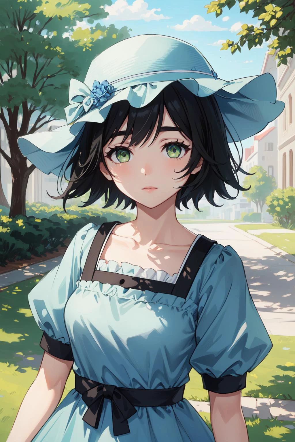 (masterpiece, best quality), intricate details,
1girl, <lora:mayuritest:0.8> mayuri shiina, (black hair:1.5), (green eyes:1.5), messy hair, short hair, hat, blue hat,, (blue dress:1.5), collarbone, dress, puffy short sleeves, puffy sleeves, short sleeves,,