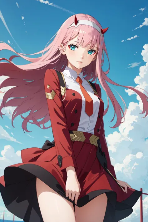 (masterpiece, best quality),  intricate details,
1girl,   <lora:zerotwo:0.8> zerotwo, hairband, horns,red horns, 
 <lora:skirt_tug_v0.1:0.8> clothes tug, skirt tug,  wind, wind lift,