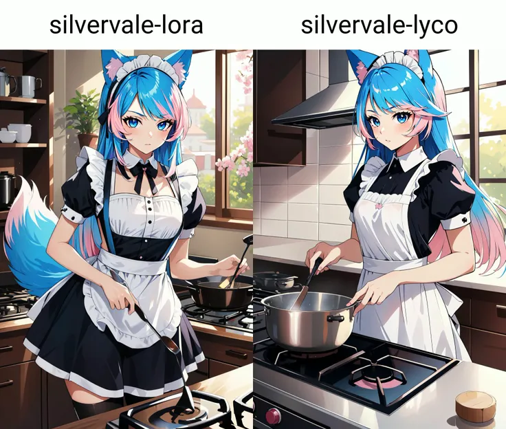 (masterpiece, best quality), intricate details,
1girl, <lora:silvervale-lora-nochekaiser:0.8> silvervale, animal ear fluff, animal ears, blue eyes, blue hair, long hair, multicolored hair, multicolored tail, pink hair, pink tail, streaked hair, swept bangs, tailwolf ears,
<lora:victorian_maid-1.0:0.8> maid, cooking, kitchen, stove,