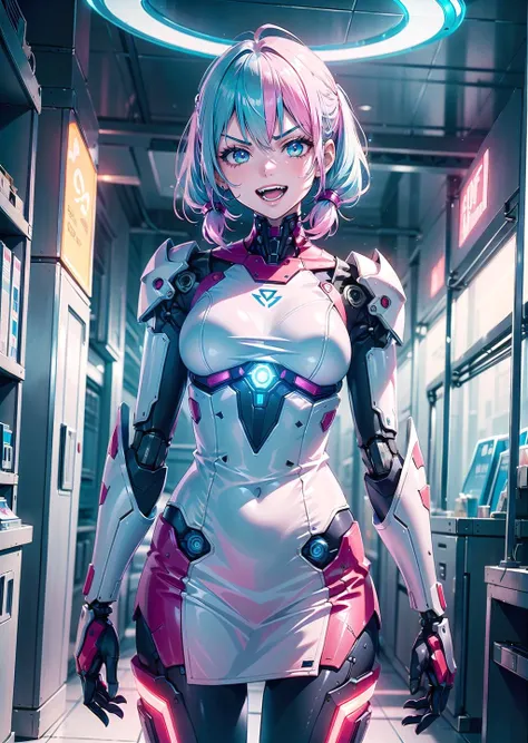 (1girl, gradient hair very short hair uneven twintails, laser eyes, evil determined crazy smile) (digital) (in detailed bell tower, bathrobe, glowing neon green bionic spine vertebrae ribs) , best quality, mecha, <lora:cyber_20230605125330:0.9>