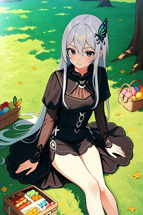 (masterpiece, best quality),  intricate details,
1girl,  <lora:Echidna_3_20:0.8> echidna, colored eyelashes,  butterfly hair ornament, black dress, long sleeves,
grass, outdoors, sun, picnic,