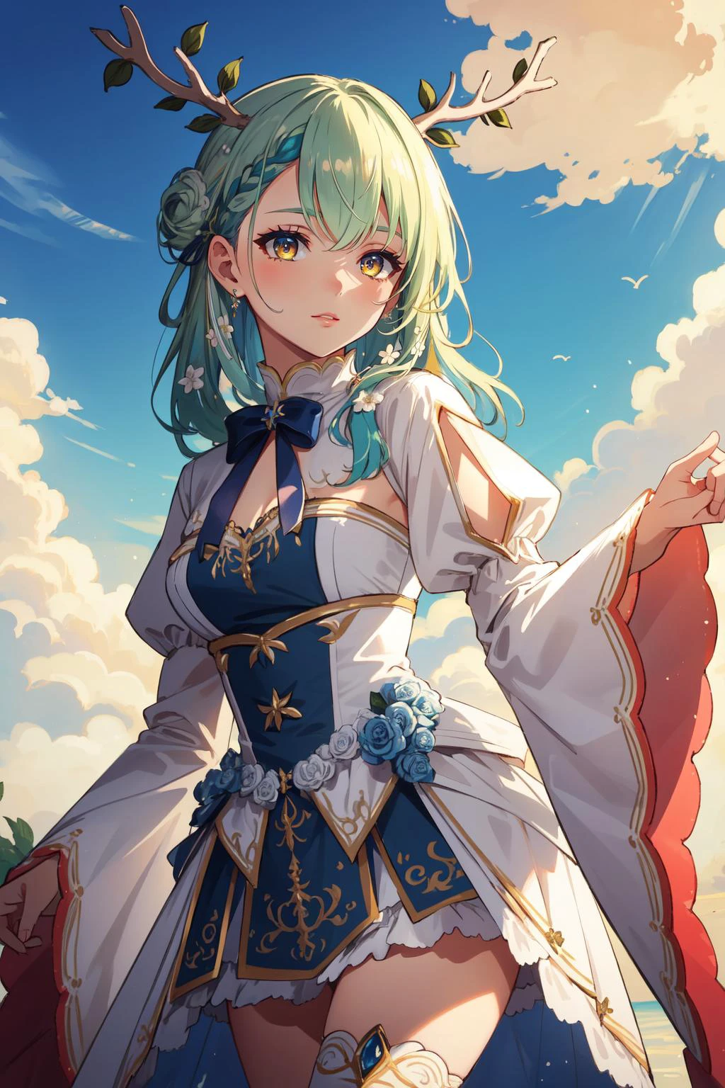 (masterpiece, best quality), intricate details,
(1girl),     <lora:CeresFauna:0.8> Ceres Fauna, antlers, long hair, braided bangs, hair flower,  FaunaBase, long hair, braided bangs, hair flower, blue dress, wide sleeves, single thighhigh, bridal gauntlets,