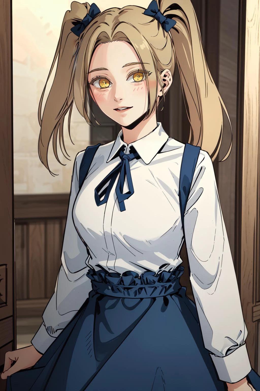 (masterpiece, best quality), intricate details,
1girl, <lora:rachel:0.8> 1girl, blonde hair, yellow eyes, twintails, white shirt, blue neckerchief, blue skirt, long skirt, 1girl, blonde hair, yellow eyes, twintails,,