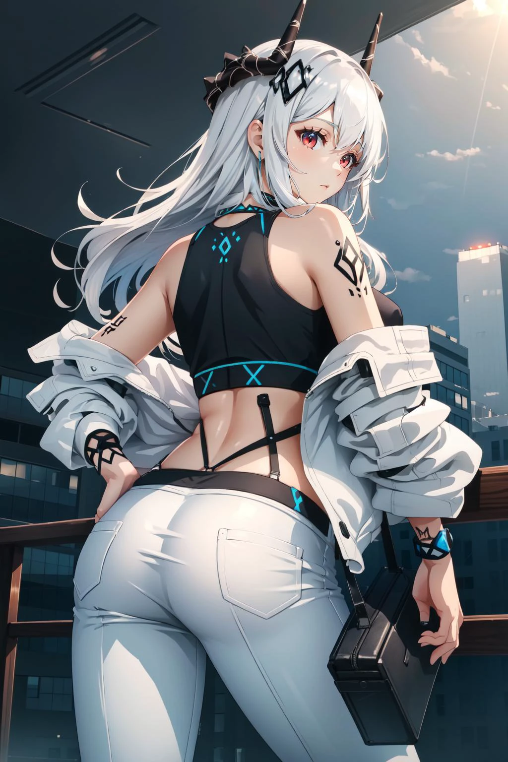 (masterpiece, best quality), intricate details,
1girl, <lora:mudrock-03:0.8>mudrock, 1girl, solo, red eyes, white hair, horns, long hair, tattoo, sports bra, white jacket, jacket, open jacket, white pants, infection monitor \(arknights\), ,
from behind, ass, <lora:ButtCrack:0.8> butt crack,