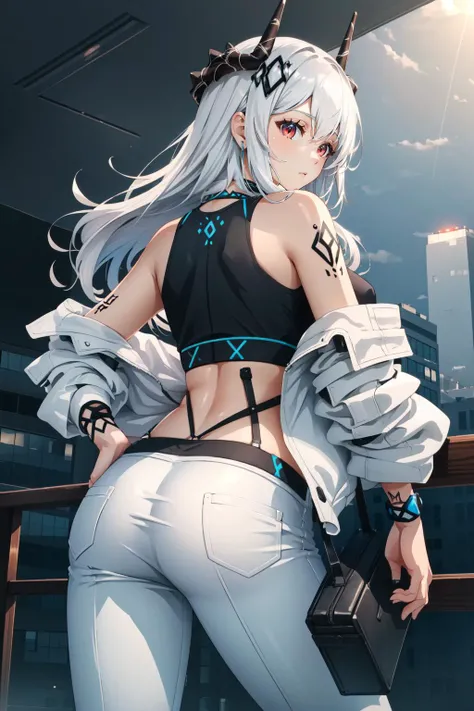 (masterpiece, best quality),  intricate details,
1girl,    <lora:mudrock-03:0.8>mudrock,  1girl, solo, red eyes, white hair, horns, long hair, tattoo, sports bra, white jacket, jacket, open jacket, white pants, infection monitor \(arknights\), , 
from behind, ass,  <lora:ButtCrack:0.8> butt crack,