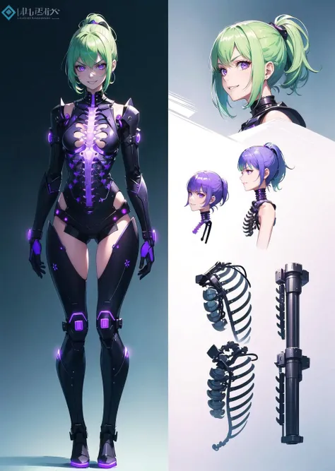 (1girl, light green hair short hair high ponytail, purple eyes, evil determined crazy smile) (digital) (in detailed courtroom, Babydoll, glowing neon green bionic spine vertebrae ribs) , best quality, (concept art, reference sheet:1.3)