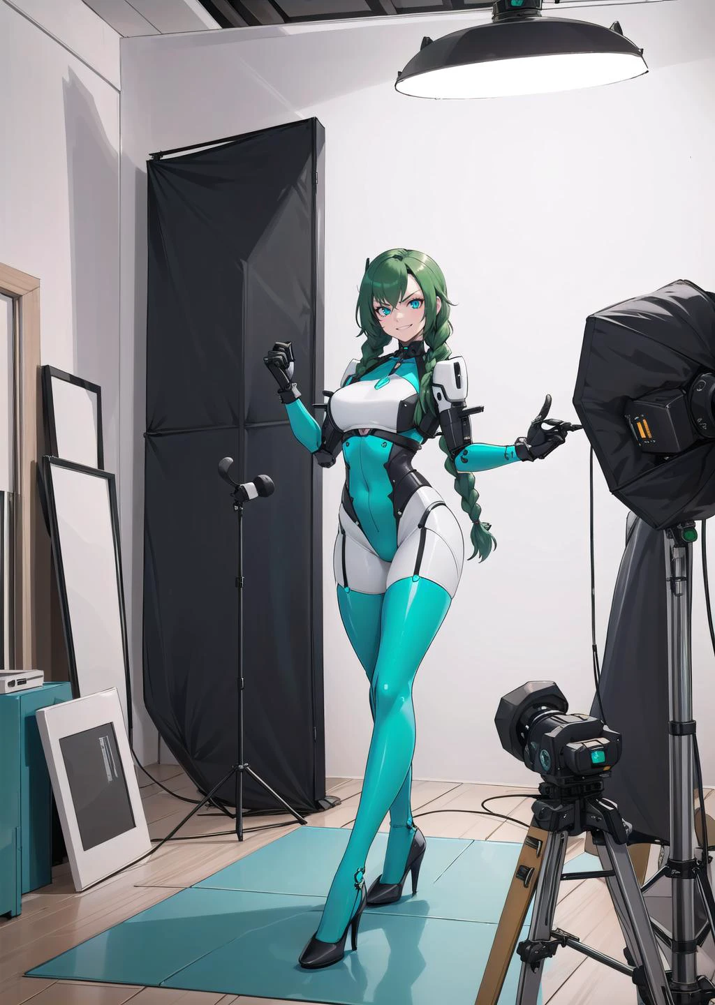 (1girl, dark green hair absurdly long hair twin braids, robot eyes, evil determined crazy smile) (digital) (in detailed garage, bodystocking, glowing neon green bionic spine vertebrae ribs) , best quality, photostudio, shooting light, indoors, cable, light, cyclorama, white cyclorama, <lora:Photo_Studio_V3_1.0_MIDD_Resize_DIM8:1>