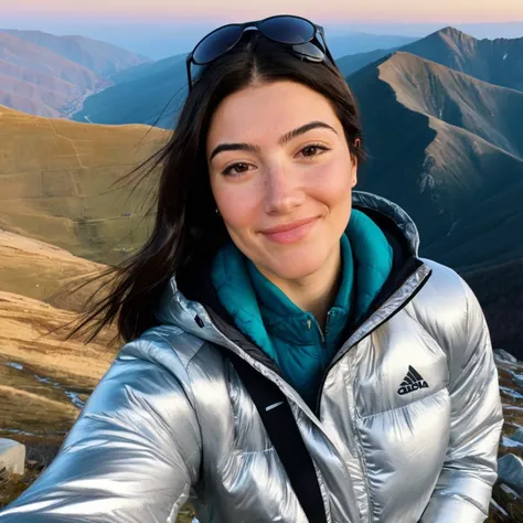 a photo of charlid, ohwx woman, happy, wearing a jacket, on top of a mountain, detailed skin, photorealistic <lora:charlidamelio_SDXL:0.8>