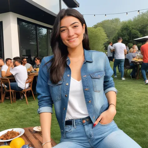 a photo of charlid, ohwx woman, happy, wearing jeans, at a bbq, detailed skin, photorealistic <lora:charlidamelio_SDXL:0.8>