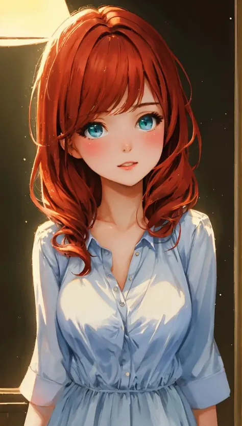 telegenic 20 years old young woman, by Posuka Demizu and Peter Wileman, sparkling eyes, blush, redhead, <lora:Stargirl_hairstyle:1>