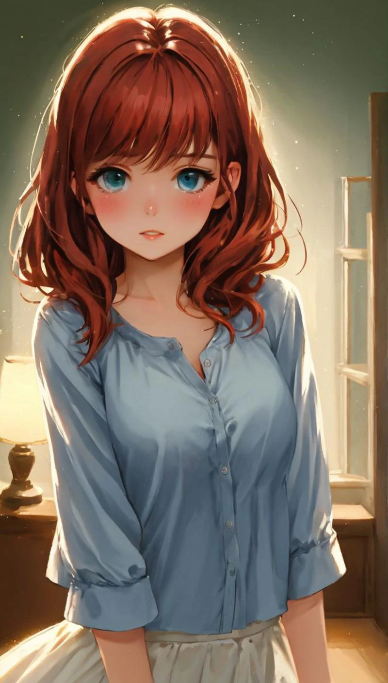 telegenic 20 years old young woman, by Posuka Demizu and Peter Wileman, sparkling eyes, blush, redhead, <lora:Stargirl_hairstyle:1>