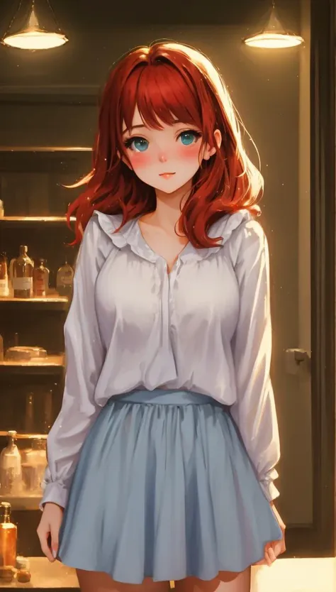 telegenic 20 years old young woman, by Posuka Demizu and Peter Wileman, sparkling eyes, blush, redhead, <lora:Stargirl_hairstyle:1>