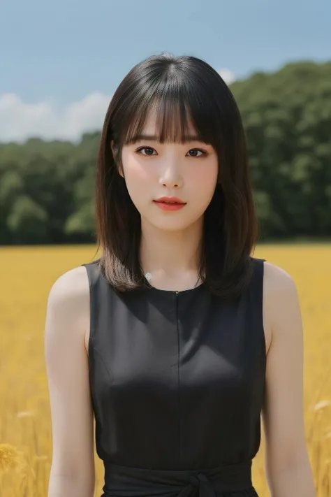 cyn1, a woman, (realistic), (hyperrealism), (photorealistic), depth of field, eye makeup:0.8, (upper body:1.2), (narrow waist), looking at the viewer, black dress, at the field, <lora:yenatest:0.45>