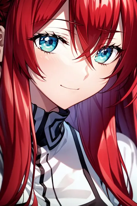 (extremely detailed CG unity 8k wallpaper),(masterpiece),(best quality),(ultra-detailed),(best illustration),(best shadow),(absurdres),(detailed background), <lora:OGT_Rias_Gremory-v1:0.8> Rias Gremory, 1girl, red hair, solo, long hair, green eyes, smile, looking at viewer, close-up, hair between eyes, blurry