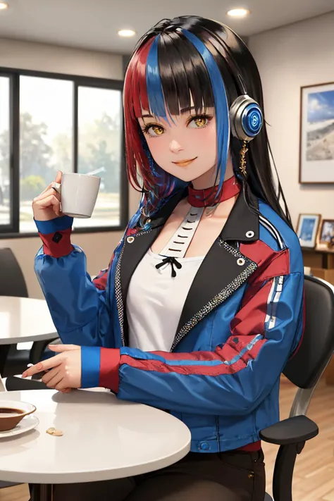 (masterpiece, best quality:1.2), upper body, solo, 1girl, harusaruhi, smile, looking at viewer, braid, headphones, jacket, shirt, long sleeves, indoors, table, coffee cup <lora:kamitsubaki_harusaruhi:1.0>