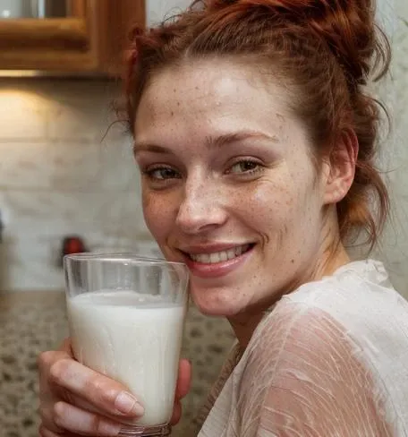 milkmustache, 1woman, red hair, freckles, hair in bun, smiling, holding, drinking glass, milk, <lora:PouringMilk-10:1> <lora:epi_noiseoffset2:1>, flash lighting, shot on a RED digital cinematic camera, Sigma 85mm f/1.4, pores, highly detailed skin, cellulite, goosebumps, highly detailed hair, fine fabric thread detail, shot by Weegee, <lora:hairdetailer:0.25> <lora:more_details:0.39> <lyco:lyco_humans_v10:0.39> <lyco:hd_helper_v1:0.45>
