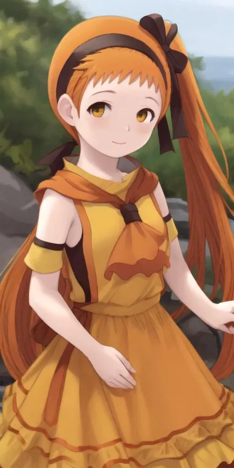 absolutely-impressive-lifelike-realistic, <lora:RtPL-Lina:1> lyuri_(riviera), headband, orange_hair, long_hair, hair_bow, orange_dress