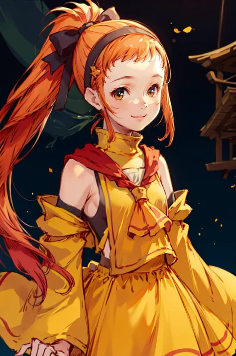 <lora:RtPL-Lina:0.85> lyuri_(riviera), headband, orange_hair, long_hair, hair_bow, orange_dress, cowboy shot, smile, bow, <lora:style3:1> style3, ultra detailed, masterpiece, best quality, aesthetic, detailed,